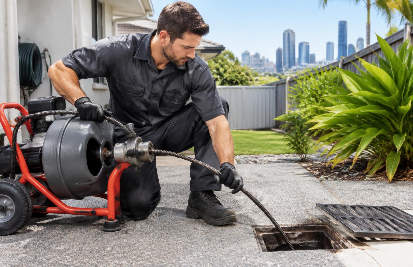 Plumber operating a professional drain cleaning machine