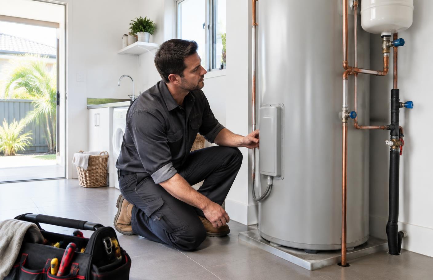 Plumber inspecting an electric hot water system