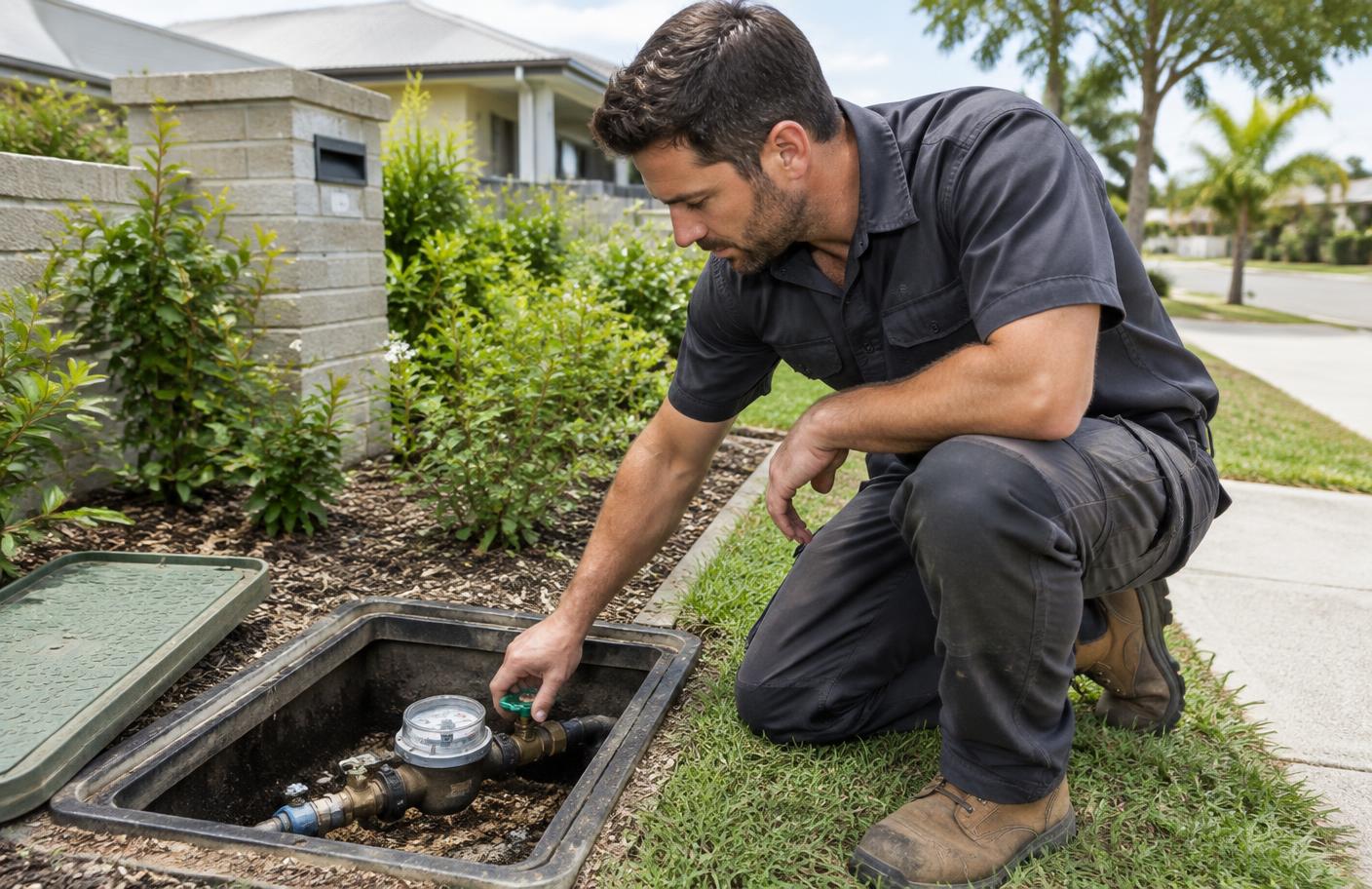 Plumber checking a residential water meter box